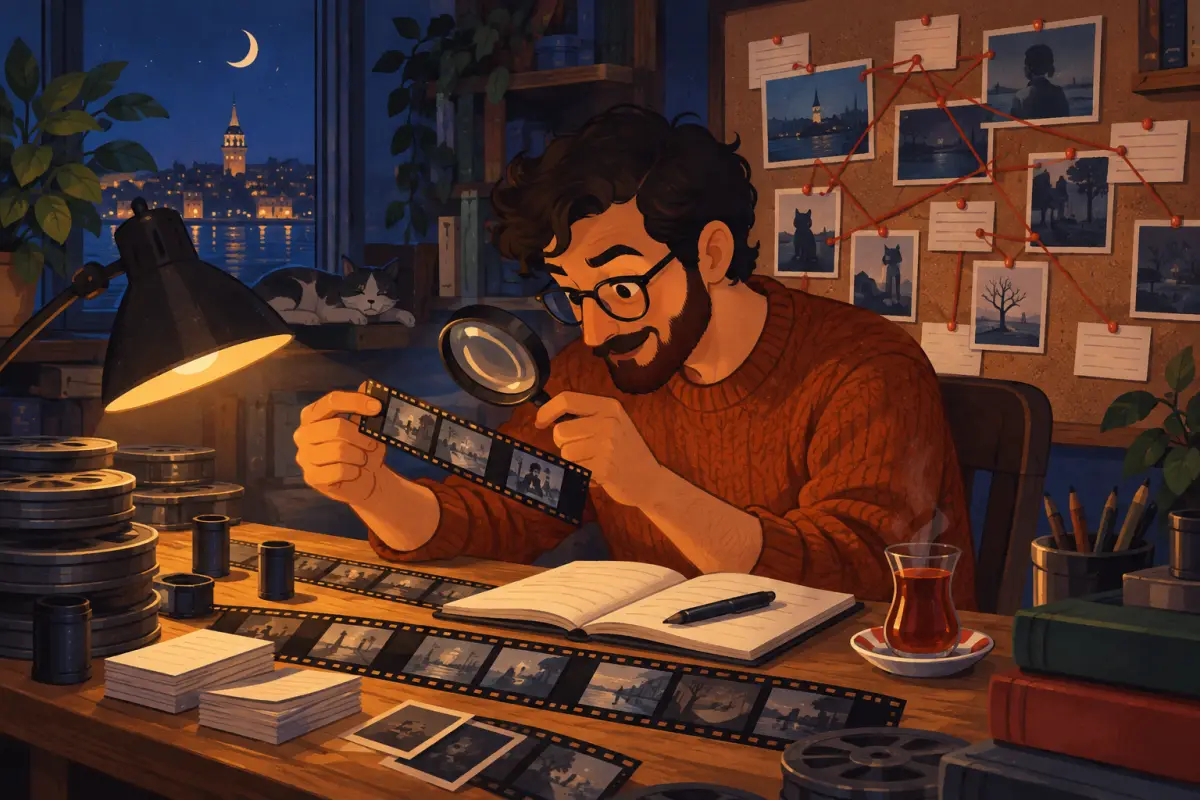 Gece masasında büyüteçle film karelerini inceleyen bir editör, açık defter, not kartları ve çay bardağı illüstrasyonu