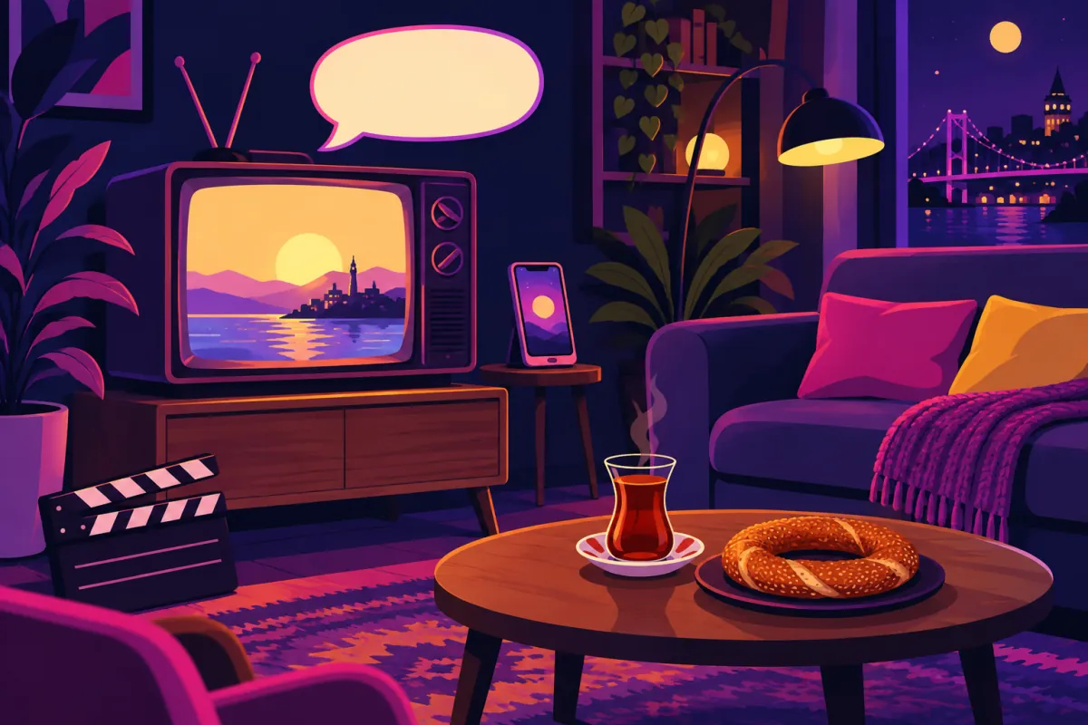 Akşam oturma odasında eski bir televizyon, telefon, klaket ve sehpada çay bardağıyla simit; pencereden İstanbul manzarası
