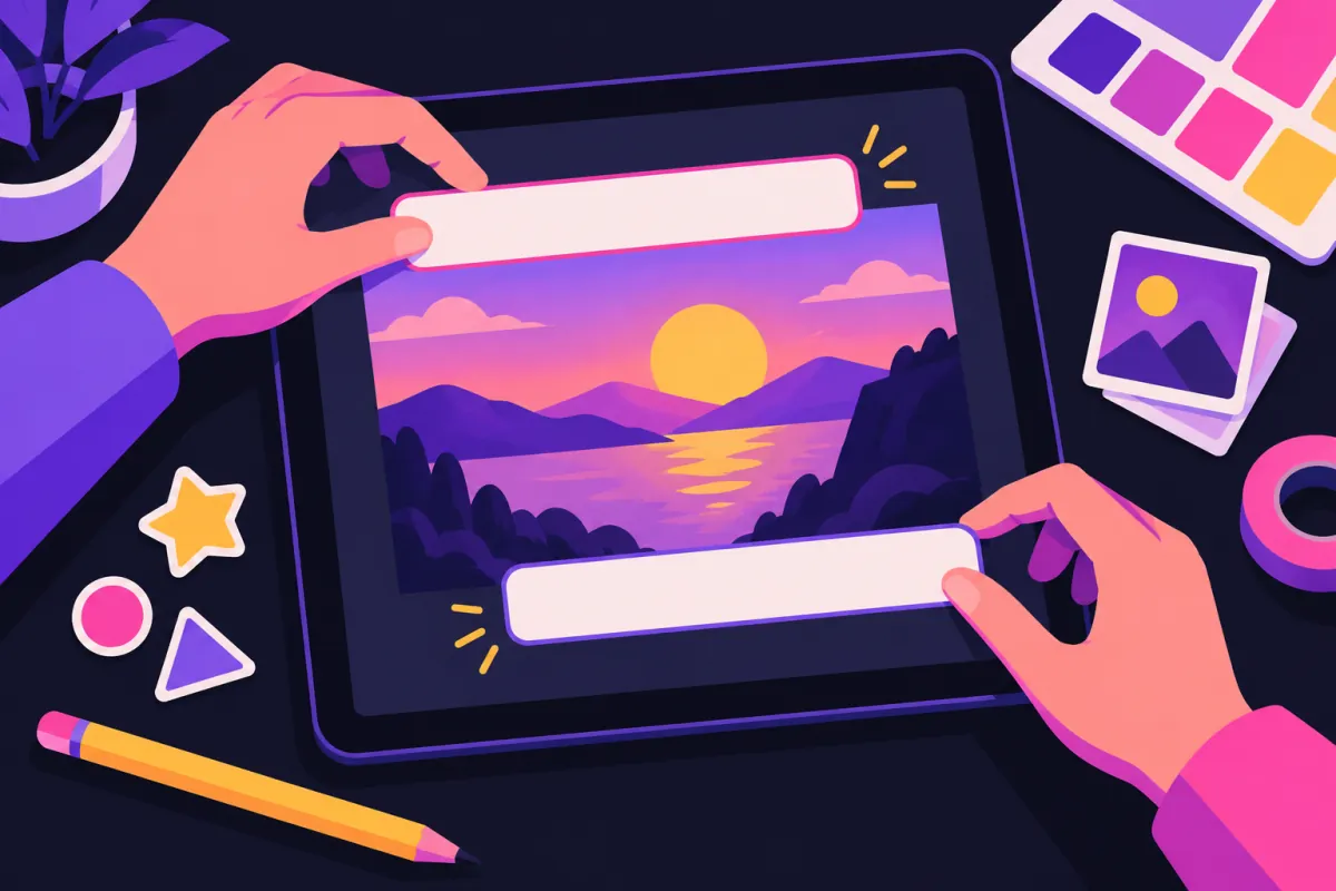 Tablette bir fotoğrafın üstüne boş yazı şeritleri yerleştiren eller, yanında kalem ve renk paleti