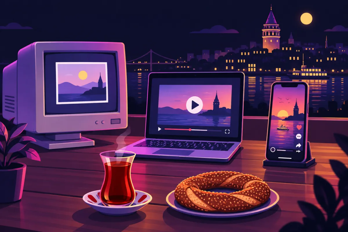 Tüplü bilgisayar ekranından dizüstü bilgisayara ve telefona uzanan zaman çizgisi; önde çay bardağı ve simit, arkada İstanbul silueti